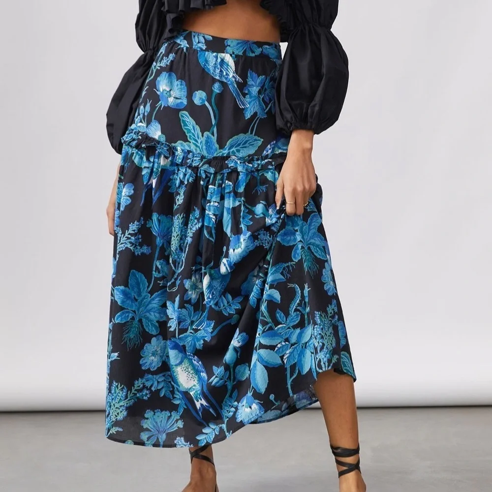 Anthropologie Banjanan Piper Skirt Floral Hedgerow Black NWT Size XS